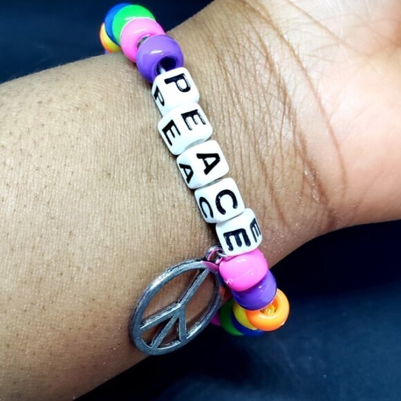 Beaded Peace Rainbow Charm Kandi Bracelet - Picture 3 of 4